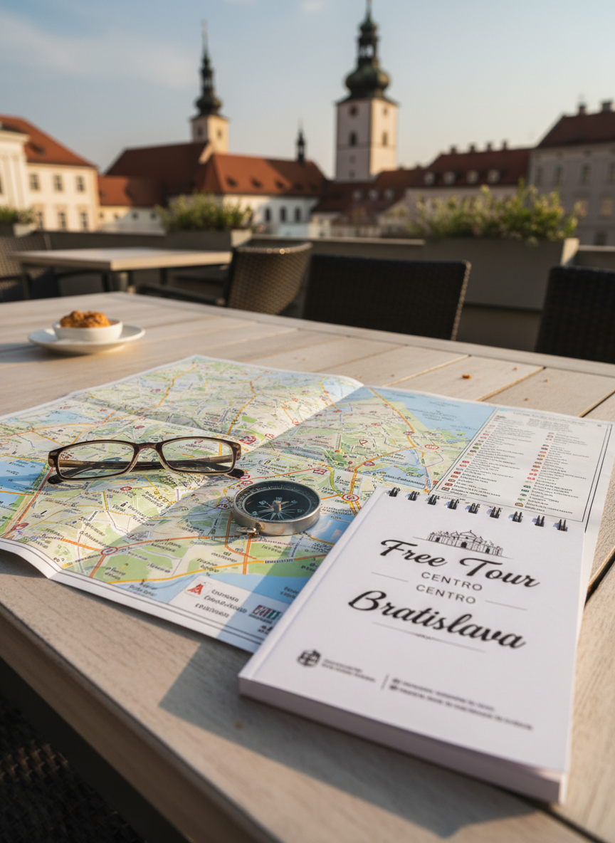 Vista fotográfica a ras de suelo de un mapa turístico detallado de Bratislava en español, abierto sobre una mesa de madera clara en una terraza urbana, sin personas. Junto al mapa, una brújula metálica brillante, gafas plegadas y un cuaderno con la portada que dice “Free Tour Centro Bratislava” en letras elegantes. Al fondo, ligeramente desenfocado, se adivinan torres y tejados históricos de la ciudad. La escena está iluminada por luz de tarde suave, creando sombras definidas pero agradables. Composición en plano cenital ligeramente inclinado, resaltando la organización de los objetos. La atmósfera transmite planificación y profesionalidad, con estética fotográfica realista, tonos cálidos y detalles nítidos en el papel, la textura de la madera y los elementos de viaje.