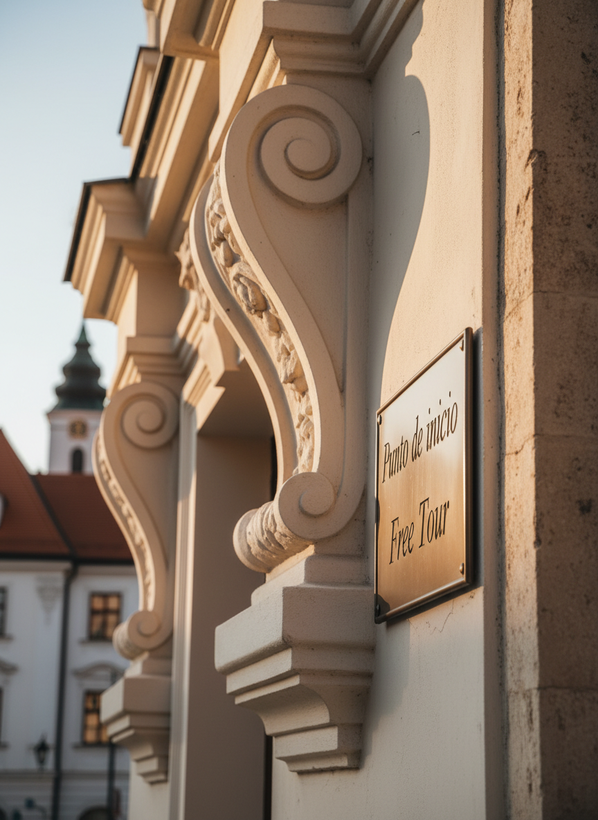 Escena fotográfica de detalle arquitectónico en el centro de Bratislava: un fragmento de fachada barroca en tonos crema con molduras ornamentales, junto a un letrero metálico elegante grabado en español que dice “Punto de inicio Free Tour”. El letrero está fijado sobre una pared de piedra clara con textura rugosa. Luz de golden hour baña la superficie, creando sombras suaves en las molduras y un brillo cálido sobre el metal cepillado. En segundo plano, desenfocado, se intuyen tejados y una torre histórica. Composición a nivel de ojo, con foco principal en la interacción entre arquitectura histórica y señalización moderna. Estilo fotográfico realista, profesional, transmitiendo confianza y claridad para los visitantes hispanohablantes.
