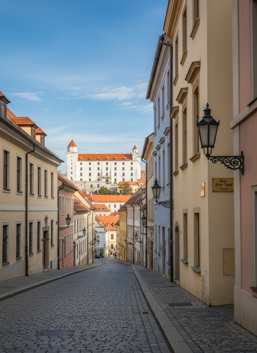 Fotografía panorámica del castillo de Bratislava visto desde el casco antiguo, sin personas, con el río Danubio apenas visible a la izquierda. En primer plano, una calle empedrada limpia asciende suavemente, flanqueada por edificios históricos de colores pastel y faroles de hierro forjado. Una pequeña placa discreta en una pared indica en español “Ruta Free Tour Centro”. La luz es de media tarde, nítida pero no dura, realzando los colores de las fachadas y el blanco del castillo recortado sobre un cielo azul intenso con algunas nubes suaves. Composición en perspectiva lineal que guía la mirada hacia el castillo, con profundidad de campo amplia y estilo fotográfico realista, evocando descubrimiento y cultura.