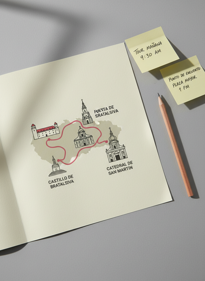 Fotografía realista de una ruta marcada sobre un plano estilizado del centro histórico de Bratislava, impreso en papel grueso marfil con textura. Una línea roja suave recorre iconos detallados del Castillo de Bratislava, la Puerta de San Miguel y la Catedral de San Martín, todos etiquetados en español con tipografía moderna. El mapa descansa sobre un escritorio de estudio con superficie gris neutra, acompañado de un lápiz afilado y notas adhesivas con horarios y puntos de encuentro. Luz natural lateral entra desde una ventana invisible, generando claroscuros sutiles y resaltando el relieve del papel. Composición en plano cenital, limpia y ordenada, con sensación de organización y claridad informativa, ideal para explicar el itinerario de un tour en la web.