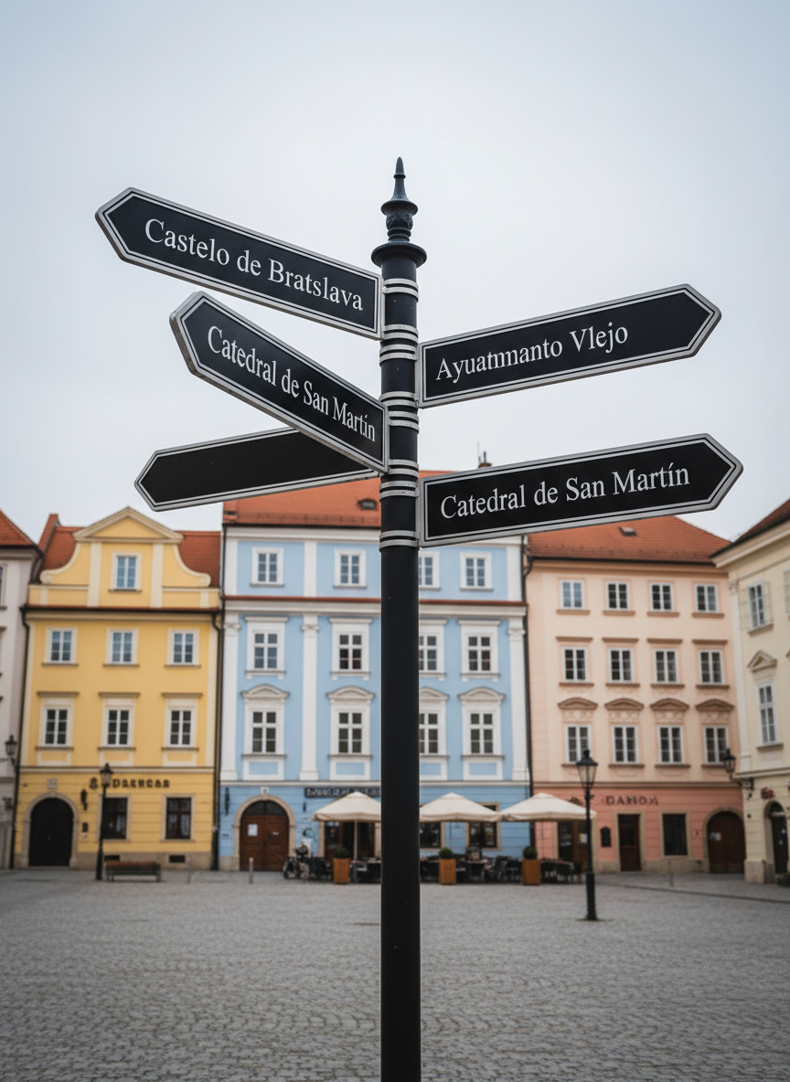 Imagen fotográfica de un detalle de señalización turística en Bratislava adaptada al español: un poste de metal negro elegante con varias flechas direccionales, cada una con texto en español como “Castillo de Bratislava”, “Ayuntamiento Viejo”, “Catedral de San Martín”. El poste se alza en una pequeña plaza adoquinada rodeada de edificios históricos color pastel. La luz es difusa, de día nublado suave, lo que da colores equilibrados y sin contrastes fuertes. Composición en contrapicado ligero para dar protagonismo al poste, con el cielo gris claro ocupando la parte superior del encuadre. Estilo fotográfico limpio y profesional, sugerente de orientación clara y organizada para los visitantes de los free tours.